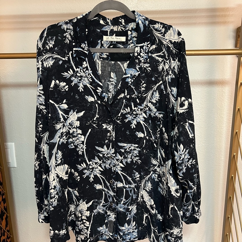 Free People Navy and White Floral Button Up Top